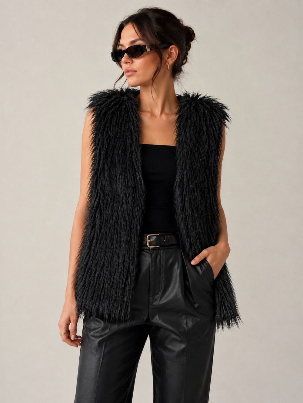 Rose& Queen Black Faux Fur Long Vest